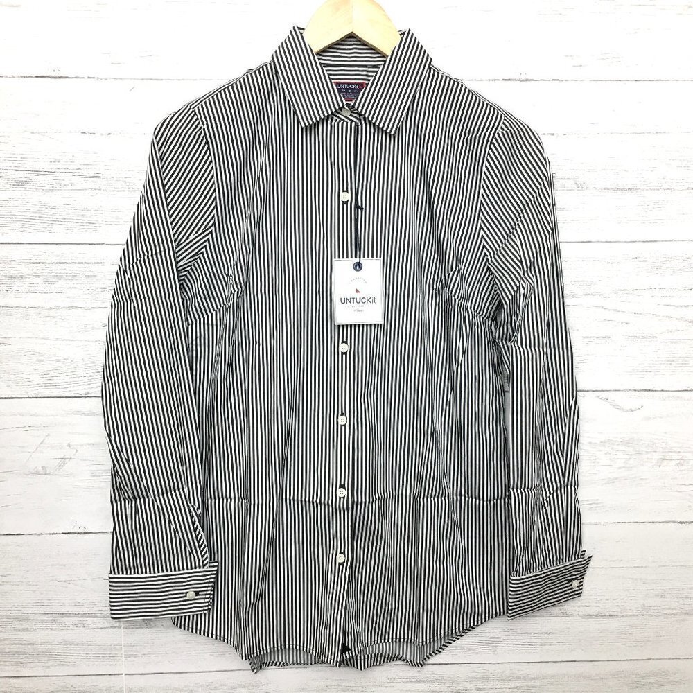 New UNTUCKit Women's Julianna Shirt Black White Stripe Button Up Long Sleeves 2